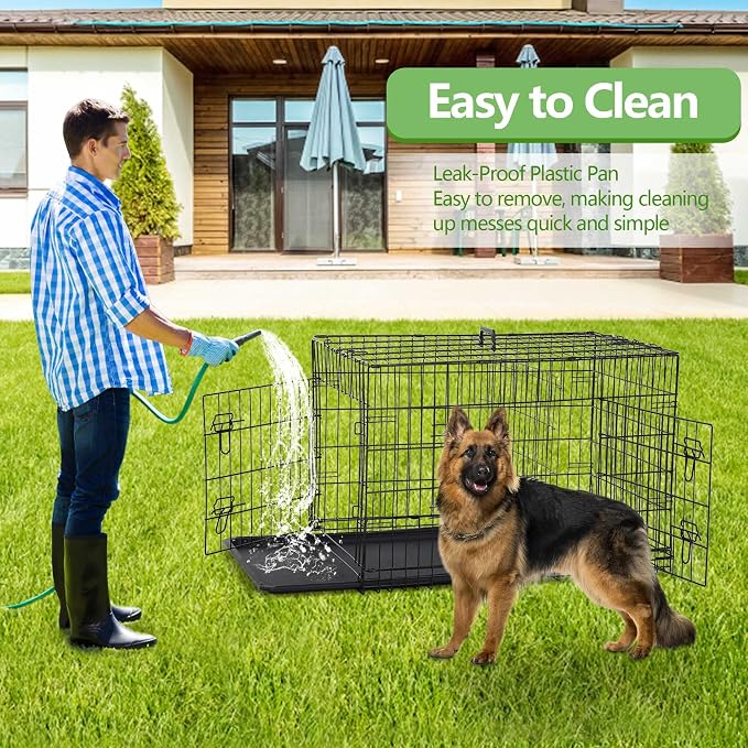 42 Inch Extra Large Dog Crate, Heavy Duty Dog Crates for Large Dogs, Metal Wire Folding Dog Cage with Removable Trays, Locks, Double-Door, Divider Panel, Handle, XL Dog Crate Pet Crate (42 in, Black)