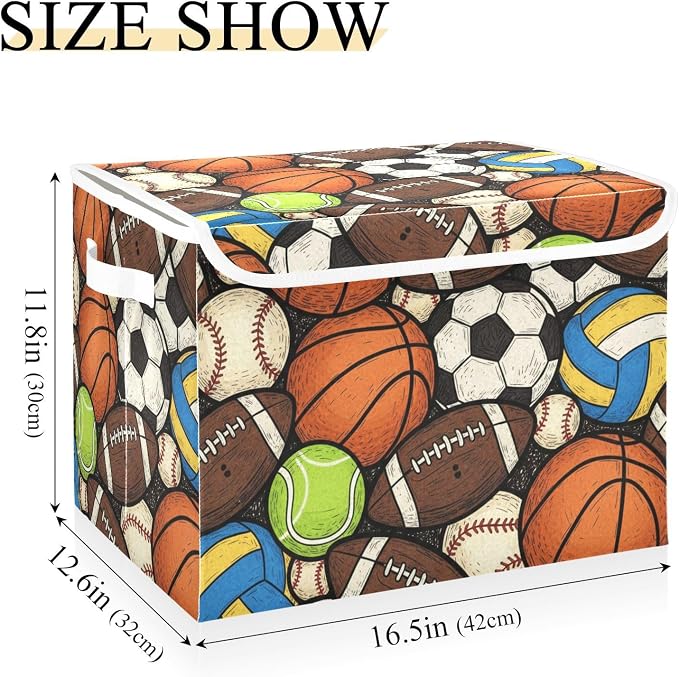 Ball Sport Soccer Storage Bins with Lids Closet Bedroom 40L Storage Basket | Decorative Storage Boxes, Foldable & Stackable, Dust-Proof Flip Top, Reinforced Handles, For Home & Dorm, Clothes & Toy Box