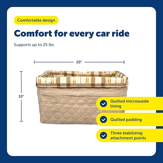 PetSafe Happy Ride Quilted Booster Seat - Dog Booster Seat for Cars, Trucks and SUVs - Easy to Adjust Strap - Durable Padded Liner is Machine Washable and Easy to Clean - Large | Raises Small Dogs to Window Height In Most Cars, Connects to Seatbelt wit...