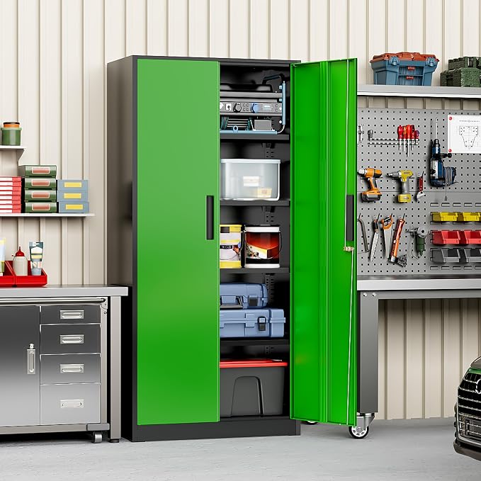 Greenvelly Metal Storage Cabinet with Doors and Shelves, 72" Inch Locking Metal Cabinet,Garage Storage Cabinet for Garage Office School Warehouse (Black Green)