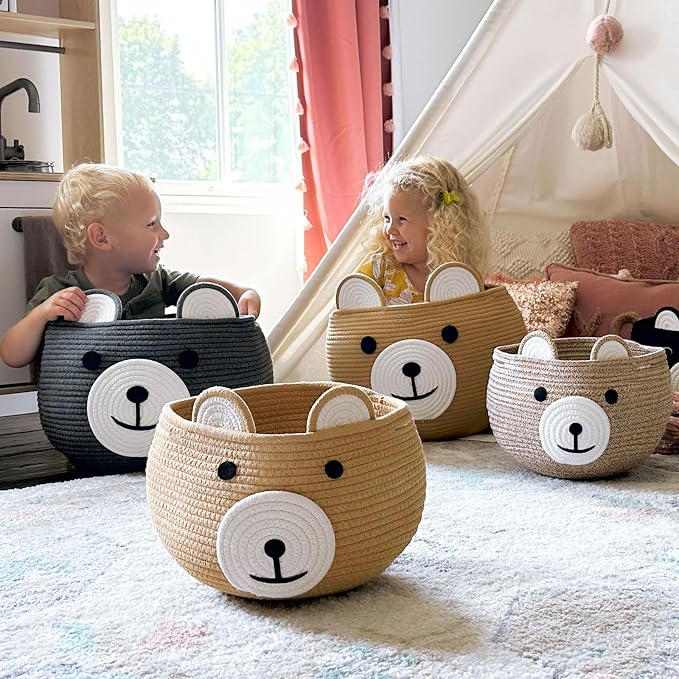 CherryNow Large Baby Basket for Gifts Empty, Cute Bear Design, Brown | 15.7" x 10.5" Baby Shower Basket for Kids Boys Newborn Storage, Woven Rope Toy Basket, Fits Living Room Nursery Décor