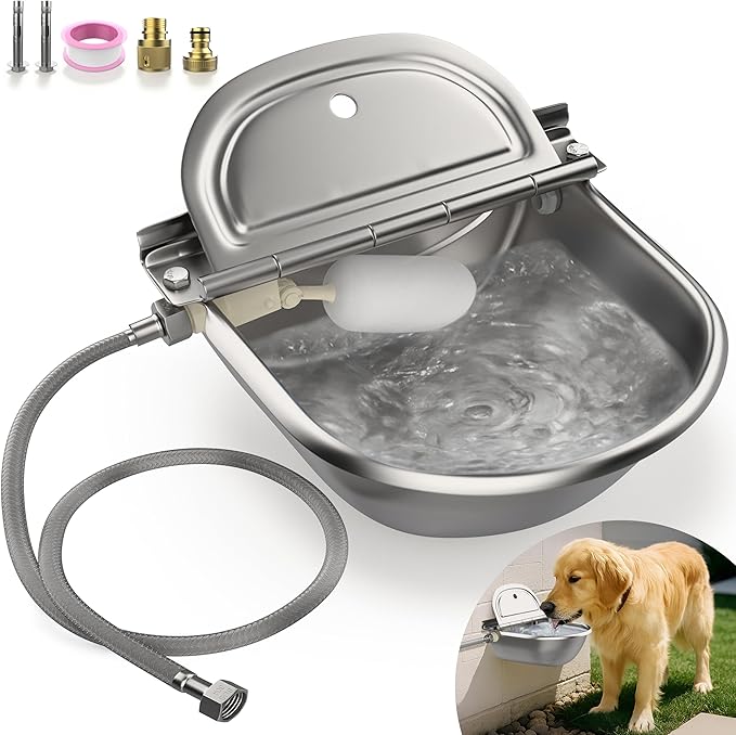Automatic Animal Drinking Water Bowl with 2 Float Valves-304 Stainless Steel Automatic Water Dispenser for Dogs & Farm Animals, Auto-Refill, Leakproof Drain Hole, Extra Long 100cm Hose