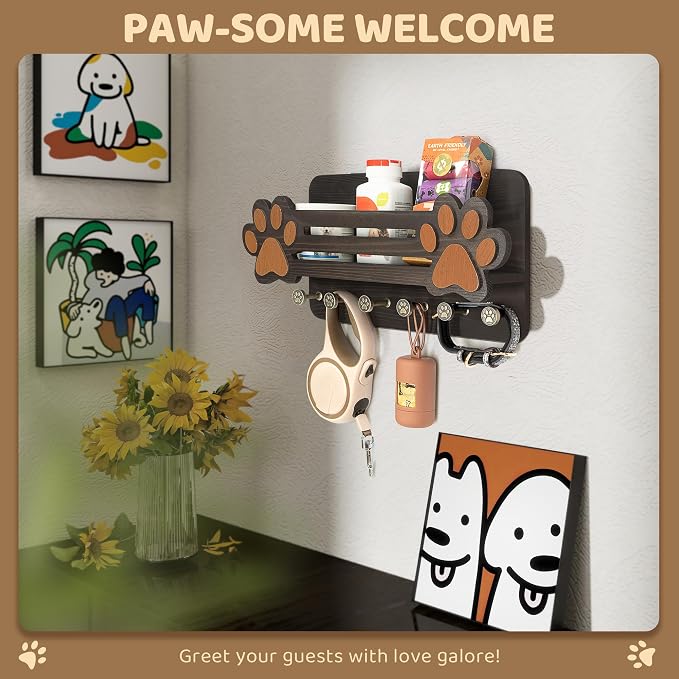 MTERSN Dog Leash Holder for Wall with Floating Shelf & 6 Hooks, Dark Brown | 3D Paw-print Design, Mail Organizer Store Dog Stuff, Cute Dog Accessories Organizer with Shelf, Ideal for Farmhouse Decor