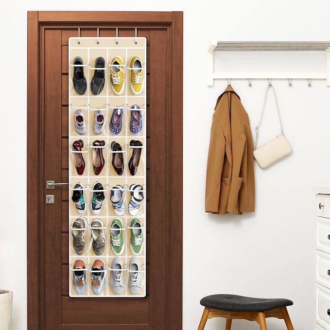 Simple Houseware 24 Pockets Clear Over the Door Shoe Organizer, Beige | 64" x 19", 4 Durable Metal Hooks, 4.3" x 9.5" Pocket Size, Multipurpose