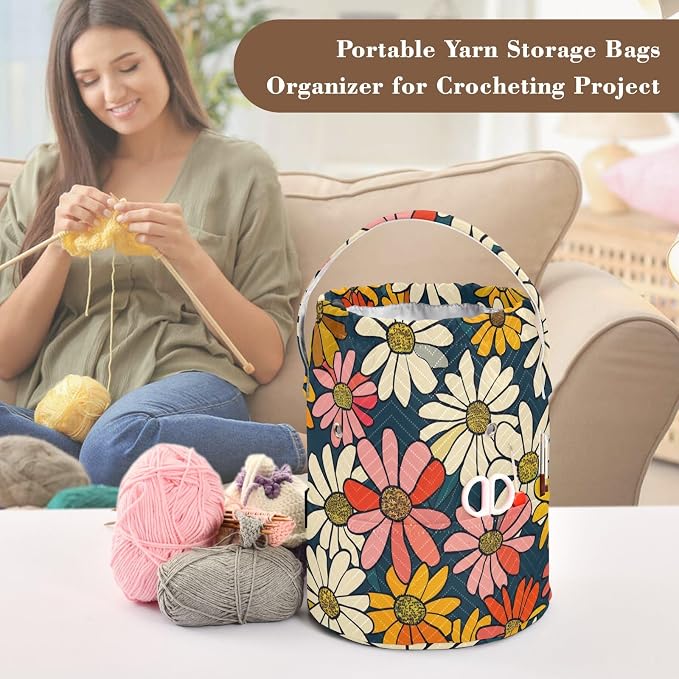 Fustylead Vibrant Vintage Groovy Daisy Flowers Yarn Crochet Tote Basket, Large Knitting Drawstring Organizer Yarn Storage Bag for Crocheting Project, Sewing Supplies, Yarn Balls, Needles