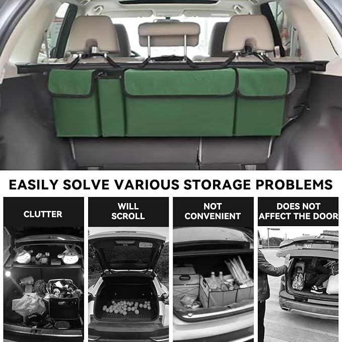 Car Trunk Organizer, Backseat Hanging Large Storage with Adjustable Straps,Waterproof PVC Collapsible Cargo Bag, Car Interior Accessories for Auto SUV MPV (Green)