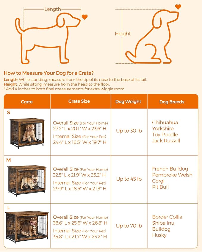 Feandrea 38.6" Dog Crate Furniture, Indoor Dog Cage Side End Table, XL Pet Wood Kennel for Large and Medium Dogs up to 70 lb with Multi-Purpose Removable Tray, Double-Door Pet House, Rustic Brown