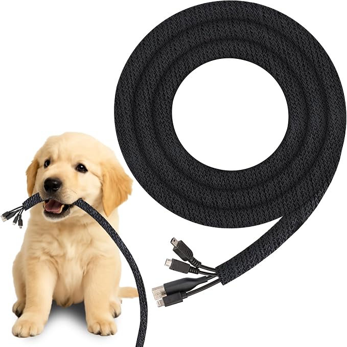 SunGrow Pet Cord Protector, 1/2 Inch Wire Loom Tubing Cable Sleeve, Dog, Cat, Ferret Wire Split Sleeve, Cable Protector Tubing, Restricts Chewing, Polyester Cable Management Sleeve, 10 Feet