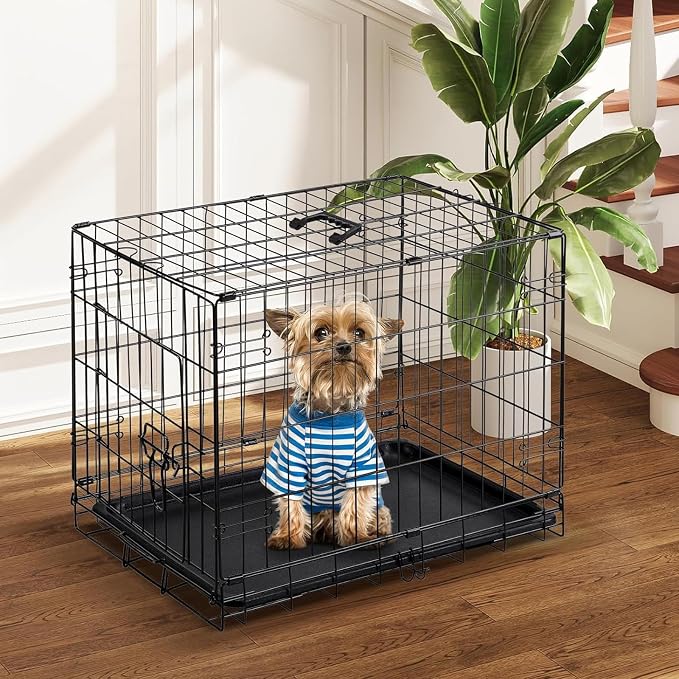 DUMOS 30 Inch Dog Crate, Foldable Puppy Small Medium Dog Cage Pet Kennel | Single Door Metal Wire, Plastic Leak-Proof Pan Tray, Portable Indoor Outdoor Training Travel