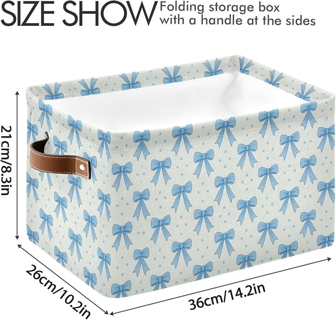 Wamika Blue Bow Storage Basket with Waterproof Liner and PU Handles Coquette Bowknot Storage Bins Boxes 14.2" Collapsible Decorative Organizer Baskets for Bedroom Closet Office 2 Pack