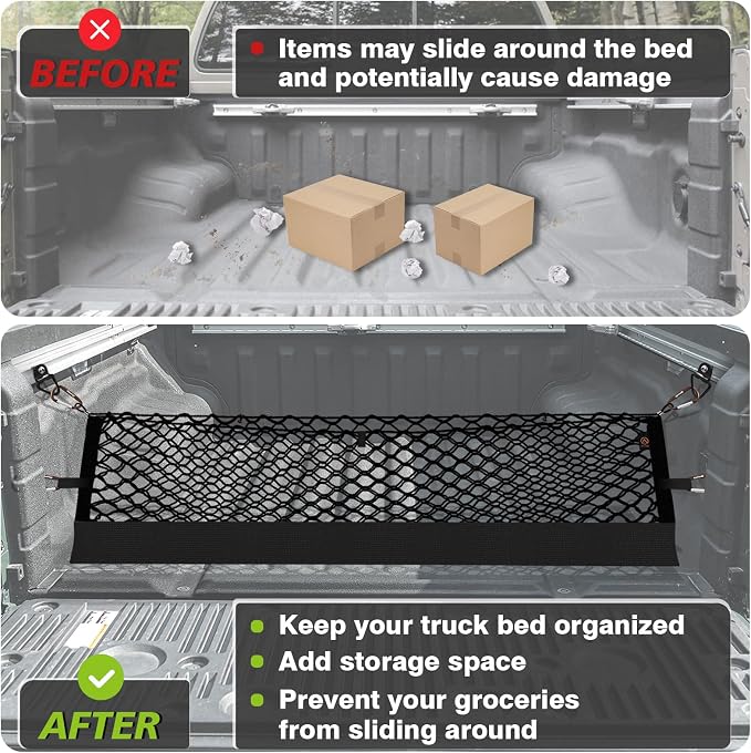 Muslogy Cargo Net for Nissan Frontier 2022-2025 2026 (Extra Support Frame) | Custom Fit, Truck Bed Storage Organizer Net for Pickup Truck Bed Divider, Heavy Duty Carabiners, Night Visible Grab Handle