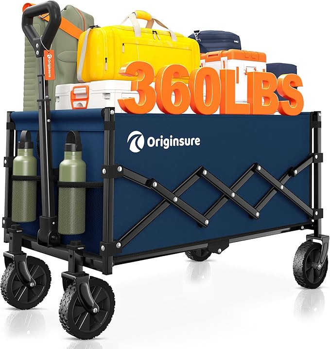 Originsure 110L Portable Collapsible Wagon Cart, 360lbs Heavy Duty, Blue | All-Terrain Wheels,Solid Steel Frame,Adjustable Handle,Compact&Space-Saving,Utility for Camping,Sports,Grocery,Garden