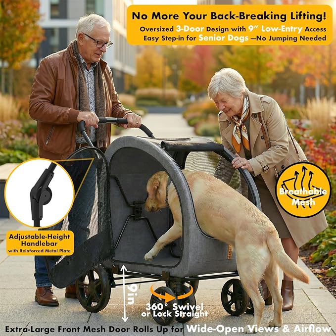PAWZIDEA 3-in-1 Large Dog Stroller with Detachable Carrier, 45% Extra Tall | Dog Crate Car Travel for 2 Medium Dogs Sit Upright, Foldable Jogger Pet Stroller All-Terrain Up to 100lbs, Storage Organizer