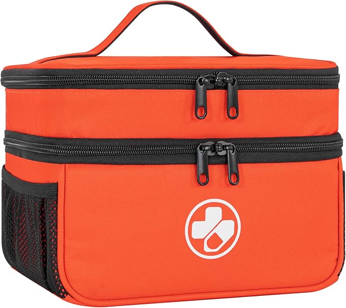 Dual Layers Medicine Organizer, Lockable Travel Pill Bag, Orange | Adjustable dividers for neat pill organization. Durable zippers & portable design suit daily use, travel or first aid kit