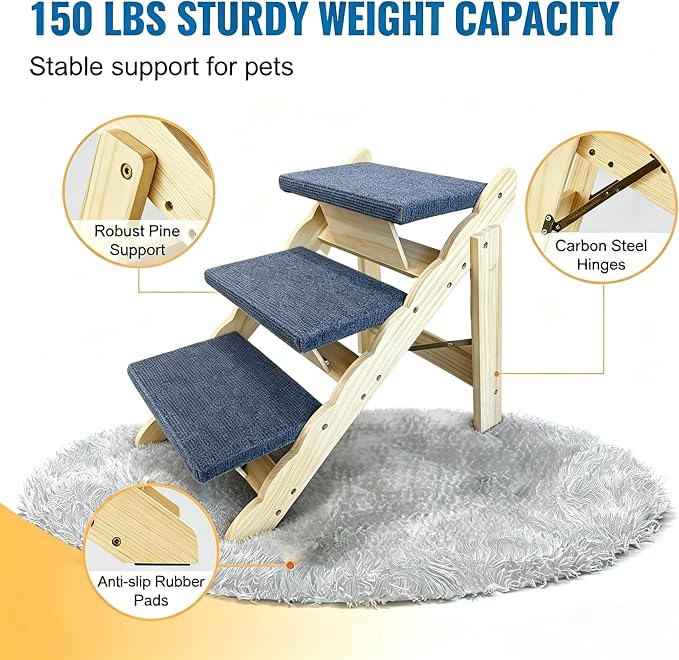 Wooden Pet Stairs, 2-in-1 Folded Pet Steps for Beds, Anti-Slip Dog Ramp with 3 Steps for Small Medium Large Pet, up to 150 lbs
