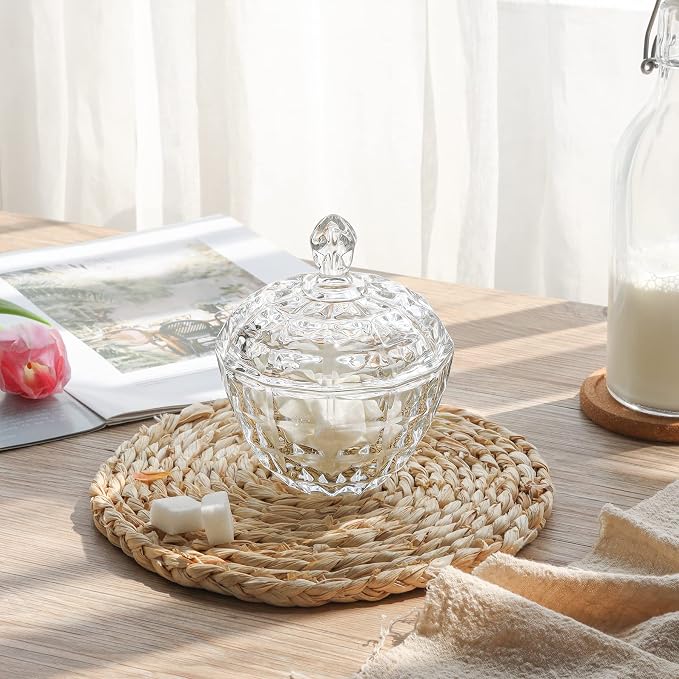 ComSaf 9oz Glass Candy Dish with Lid 2 Pack Small Jar Decorative Covered | Covered Candy Storage, Coffee Table Office Desk, Bathroom Vanity Decor, Countertop Display, Wedding Favors, Living Room Decor