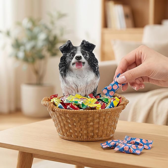 Cute Border Collie Candy Bowl, Resin Dog Figurine Key Bowl for Entryway Table, Desktop Storage Basket Organizer for Desk, Unique Dog Lover Gift