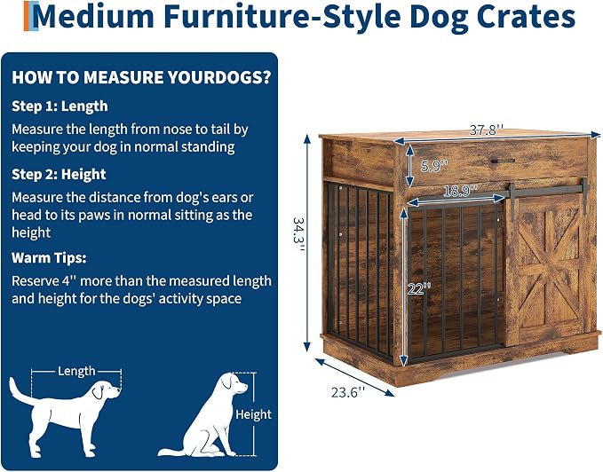 GarveeHome Dog Crate Furniture, 37.8" Large Dog Kennel Indoor, Wooden Kennel Table with Sliding Barn Door and Storage Drawer, Indoor Dog House for Large/Medium/Small Dogs (Brown)