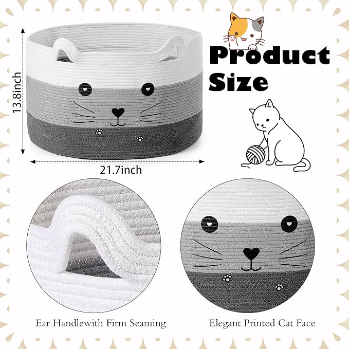 Zopeal Cat Woven Gift Basket Storage,21.7 x 13.8 Inch,Dark Gradient | Cute Cotton Rope Organizer with Handles for Toy Box, Nursery Decor, Decorative Bin, Pet Supplies Holder, Desk Storage