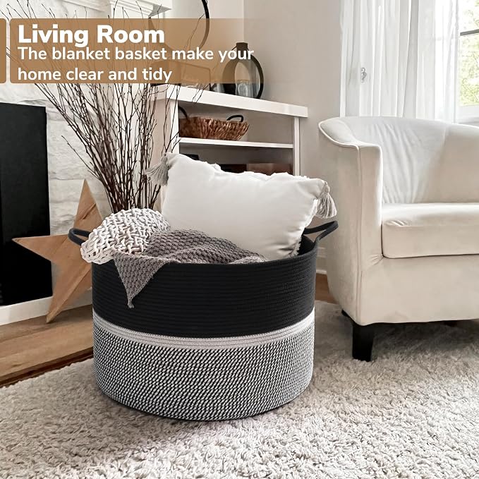 CHICVITA Extra Large Woven Rope Blanket Basket with Handles, Black | Laundry basket for towels, clothes, toys, pillows. For living room, family room, 22x22x14 inches