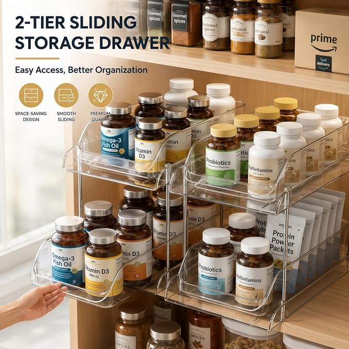 Medicine Bottle Organizer with Clear Pull-Out Drawers for Quick Access | Clear PET drawers, metal frame, smooth pull-out access, open top shelf, for vitamins, supplements, and medicine bottles