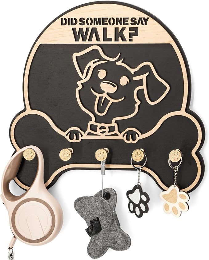 MTERSN Dog Leash Holder Wall Mount with 3D Paws Hooks for Home Decor, Black | Bone-Shape Dog Leash Holder for Wall, Decorative Leash Holder, 5 Dog Leash Hook, Pet Accessories Storage, Gift for Dog Lovers