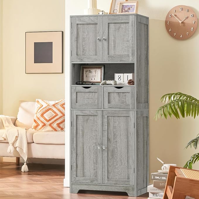 TEENFON 57.8" H Tall Storage Cabinet with 2 Drawers & 2 Adjustable Shelves, Bathroom Storage Cabinet with 4 Doors, Floor Cupboard, for Living Room, Dining Room, Entryway, Woodgrain Gray