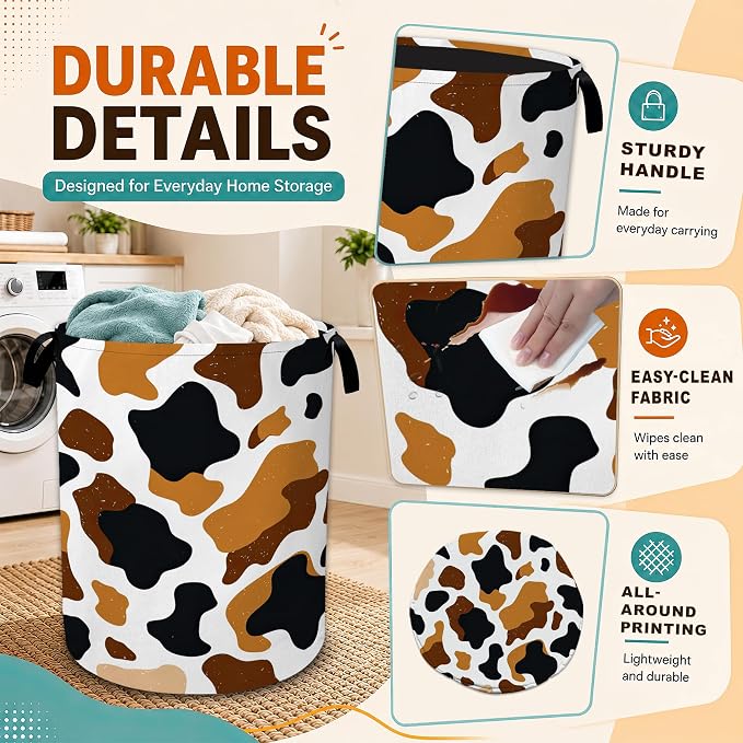 Cow Skin Laundry Basket with Handles,Black Brown Foldable Oxford Laundry Hamper,Collapsible Clothes Storage Basket for Laundry Room/Bathroom/Bedroom/Dormitories 20.8 x 16 Inches