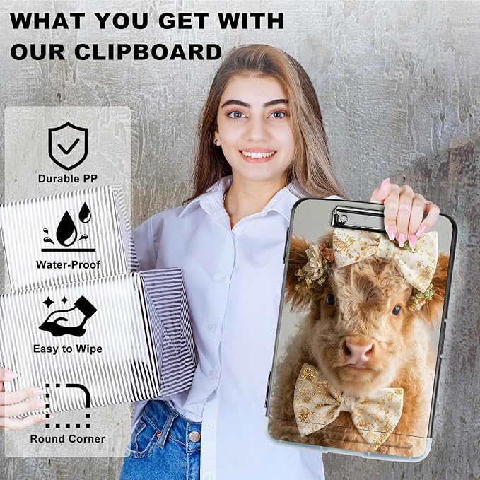 A4 Clipboard with Storage Pen Holder, Clipboards Organizer Nursing Clipboard Foldable File Folder Plastic Clipboard Folio Clip Board for Office Work Classroom Doctor, Yellow Baby Cow