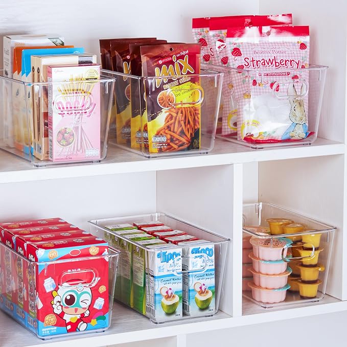 Vtopmart 2 Pack Clear Storage Bins, Pantry Cabinet Organizer Bins, Medium | Plastic Pantry Storage Bins with Handle, Storage Containers for Fridge, Cabinet, Kitchen, Countertops, Cupboard, Freezer