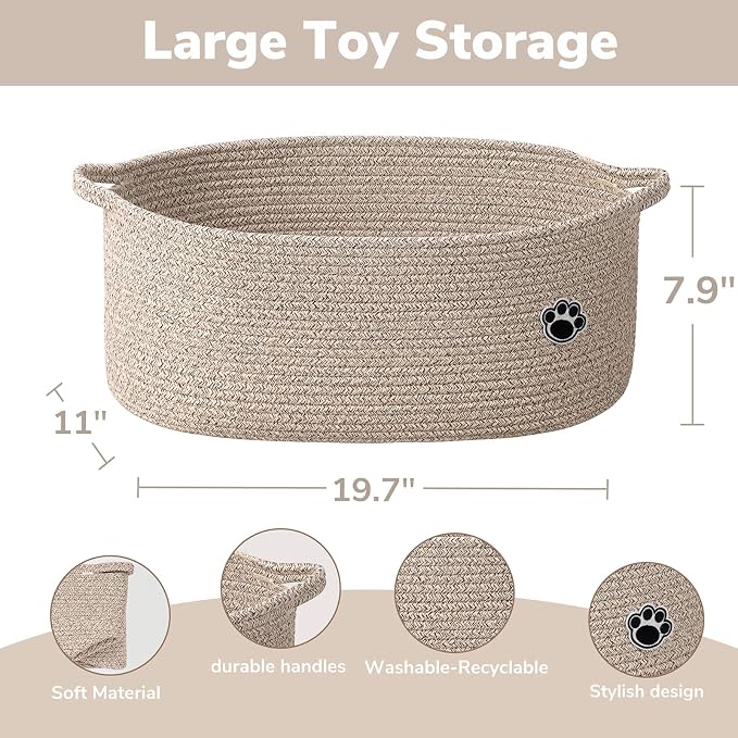 30L Large Woven Rope Dog Toy Basket with Paw Print, Brown | 19.7" x 11" x 7.9" Dog Toy Bin & Box with Handles, Storage Basket for Blankets Towels, Fits Living Room Nursery Bedroom