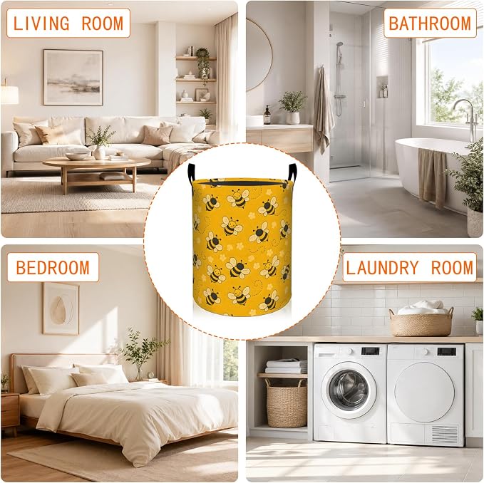 Cute Bee Laundry Basket, Adorable Bumblebee Floral Oxford Cloth Dirty Clothes Collapsible Hamper for Room Decor, Cartoon Gifts, Toy Organizer 19.7 x 15.7 Inches for Bedroom Bathroom Dorm