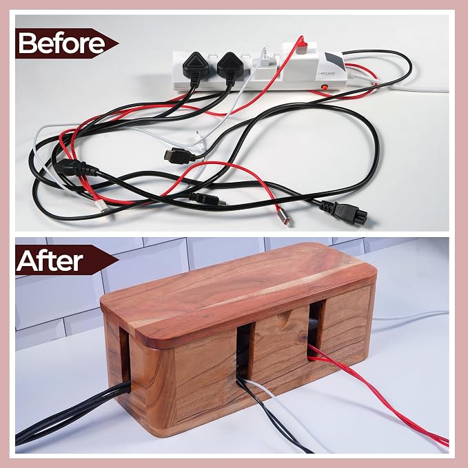 Acacia Cable Management Box - Rustic Design (Front Slots, Large)
