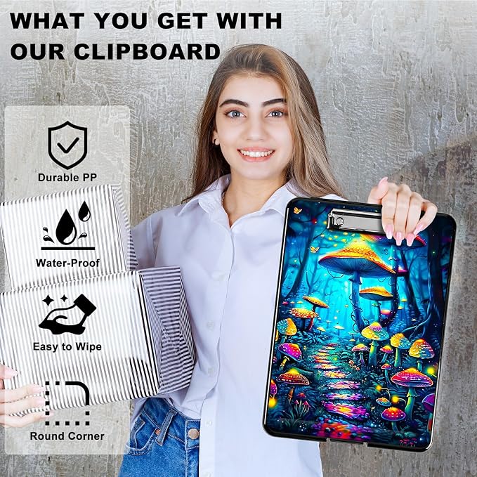 Blue Forest Mushroom A4 Clipboard with Storage Pen Holder, Clipboards Organizer Nursing Clipboard Foldable File Folder Plastic Clipboard Folio Clip Board for Office Students Classroom
