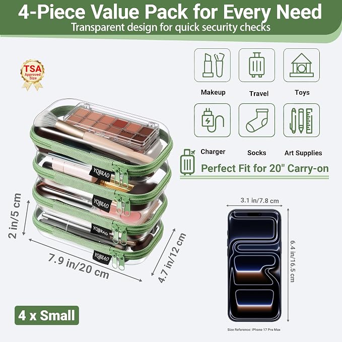 YQBRAO Clear Hard Shell Zipper Cases, 4 Small Cable Organizers, Green | Rigid 1.2 mm PET and YKK dual zippers for cosmetics, charging cords, pens and travel accessories