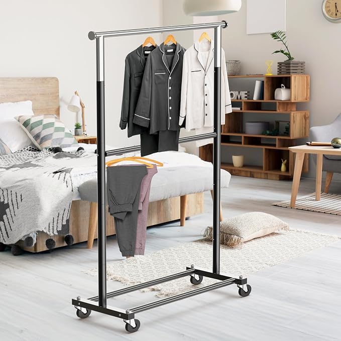 Simple Houseware Double Rod Adjustable Clothing Garment Rack, Black | Extendable Width from 30 to 48 Inches