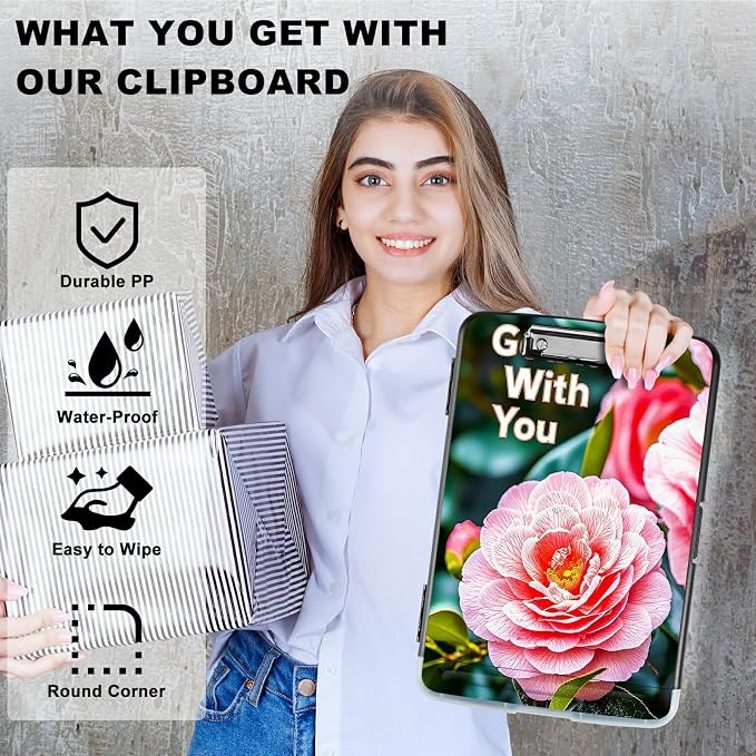 A4 Clipboard with Storage Pen Holder, Clipboards Organizer Nursing Clipboard Foldable File Folder Plastic Clipboard Folio Clip Board for Office Work Classroom Doctor, Pink Peony