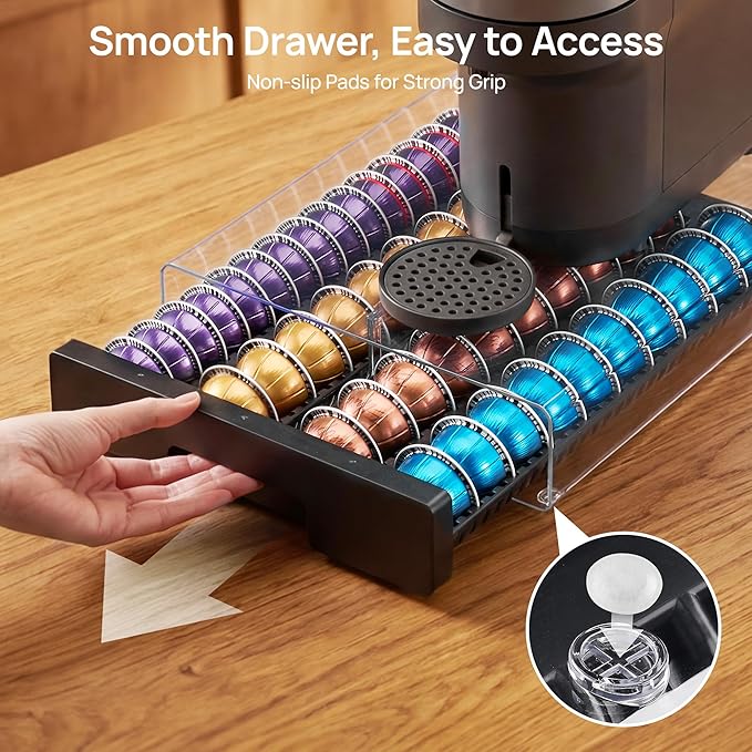 Vtopmart Coffee Pod Drawer Organizer for Nespresso Vertuo Pods | Holds 40 Large or 60 Small Capsules，Clear Acrylic Design, Visible Pod Inventory, Durable & Anti-Slip Drawer