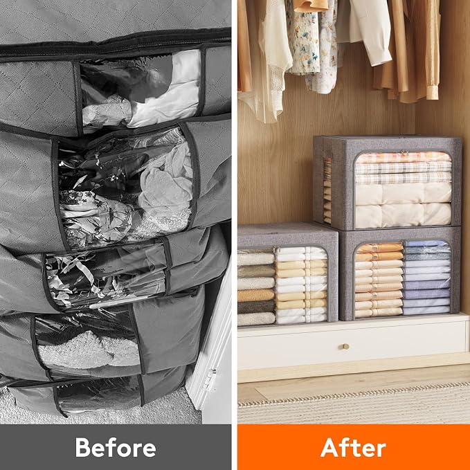 Lifewit Clothes Storage Bins with Metal Frame, Stackable Storage Box, Foldable Clothing Storage Bins with Lids, 100L Storage Bags Fabric Box Organizer with Clear Window＆ Zippers＆ Sturdy Handles 3 Pack