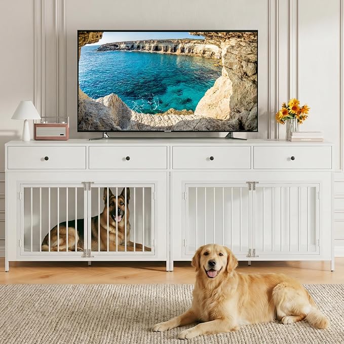 PUKAMI Large Dog Crate Furniture with 2 Drawers, 44 Inch Wooden Dog Kennel Indoor, Crate Furniture as Decorative End Table, Cage Furniture for Small Medium Large Dogs (New White, 2-Pack Set)