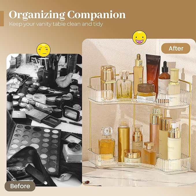 Aveniee Corner Bathroom Counter Organizer, Bathroom Countertop Shelf Makeup Organizer for Vanity Perfume Tray for Corner Storage (2 Tiers, White)