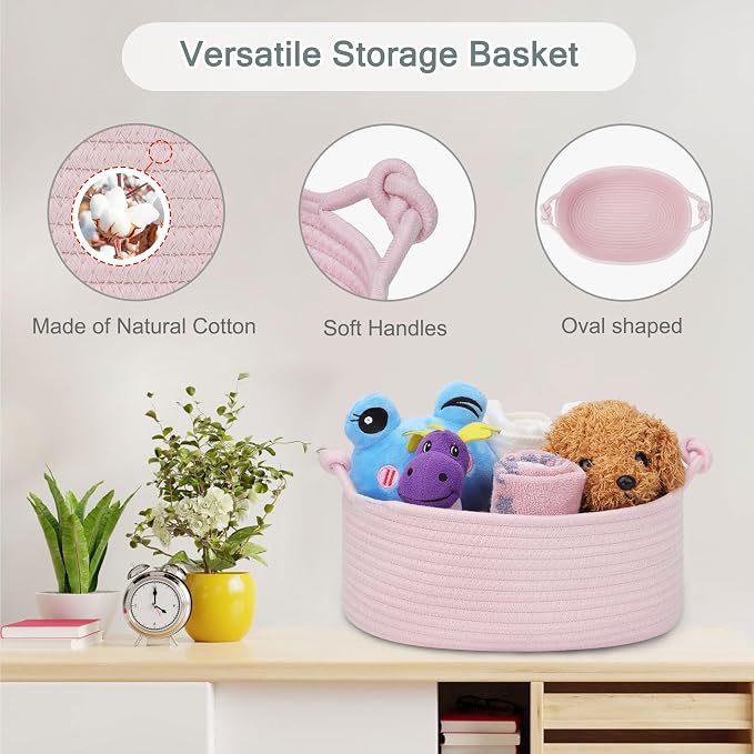 COMSE Small Gift Basket Empty with Bag & Ribbons, Solid Light Pink | Cotton Rope, 12"x 8"x 5", Pet Toy Storage Organizer, Woven Basket for Birthdays, Baby Showers, Mother’s Day, Valentine’s Day
