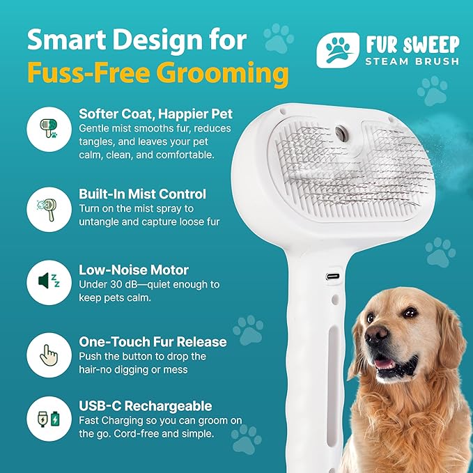 Fur Sweep Steam Brush For Dogs Comb for Grooming Cat Brush For Shedding, Self Cleaning Deshedding Tool, Anti Static Mist, Rechargeable, Slicker Comb for Long and Short Haired Pets, Gentle Fur Remover