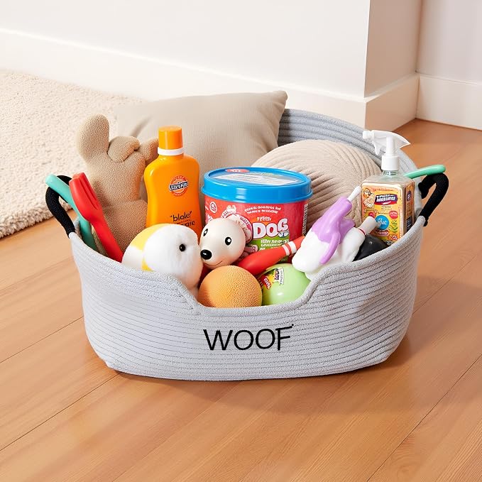 Morezi Dog Toy Basket 2 Pieces Woven Dog Toy bin Low in Front Organizer Storage - Perfect for Collecting Puppy Combs Shampoo Brushes Towel Grooming Stuff in Bathroom playroom Closet