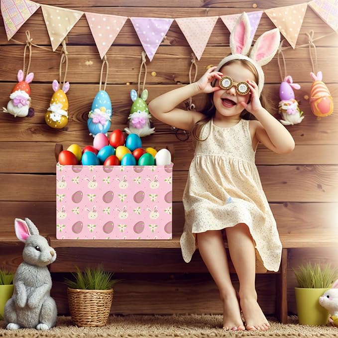 Large Cute Easter Basket for Kid Empty Gift Baby Rectangle Storage Bin Bunny Eggs Boy＆Girl Room Décor (Rabbit Pink Flower Egg)