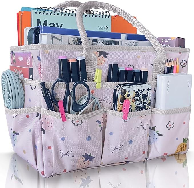 Cupohus Craft Organizer Tote Bag, Pink Fruit Sewing Bag for Art | Supply Storage Bags with Pockets and Handles, Oxford Fabric Carrying Caddy for Teacher, Officer, Artist, Traveler, and More