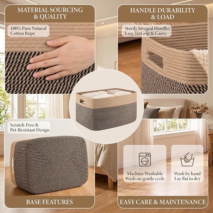 75L Large Cotton Rope Basket, Soft Toy Storage Bin for Nursery & Living Room, Decorative Blanket Basket for Bedroom, Baby-Safe Organizer for Pillows &Laundry, 22''×17''×12'', Brown & Black