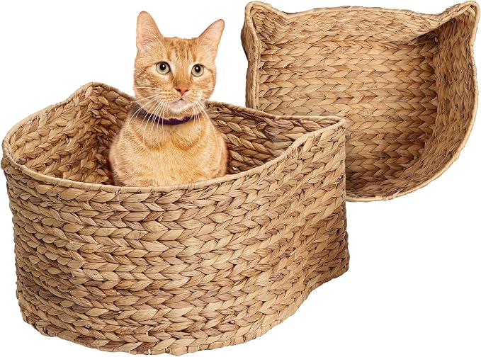 Felix Cat Shaped Hand Woven Water Hyacinth Nesting Pet Toy Organizer Baskets with Metal Frame Decorative Storage Bins for Living Room and Nursery, Brown, (Set of 2) BSK4001B-2SET