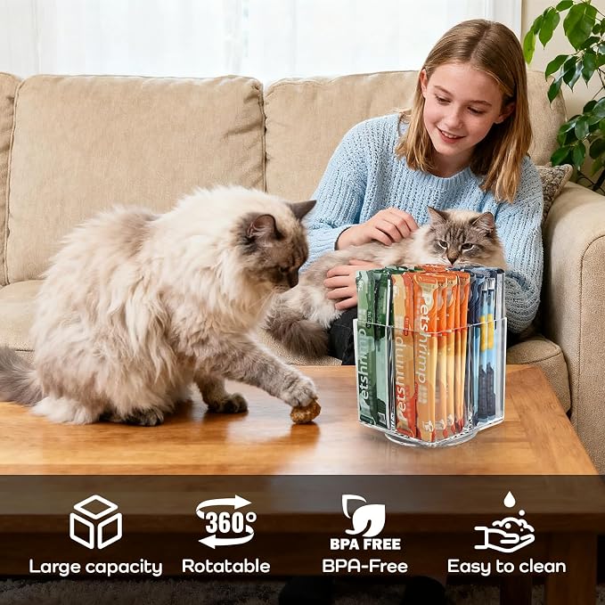 Lickable Cat Treats Organizer, Lazy Susan Acrylic Squeeze Up Cat Treats Storage Organizer with 4 Compartments, Wet Cat Food Storage Container for Kitchen Cabinet Pantry Shelf Countertop（Square）