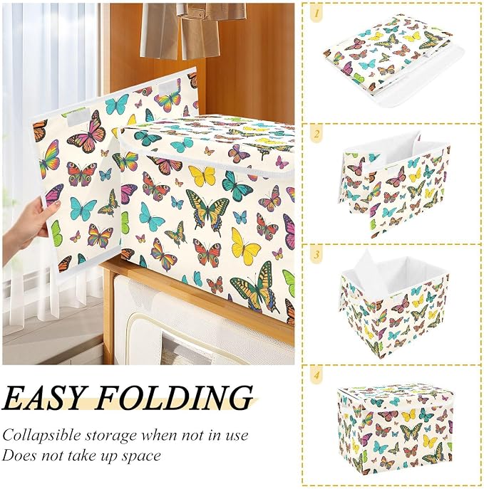 Storage Bins with Lid Colorful Butterfly Foldable Storage Boxes 40L Baskets | Decorative Storage Boxes, 300D Oxford Cloth, Hollow Board Frame, Flip Top Velcro Lid, 16.5x12.6x11.8 inch, Collapsible Design